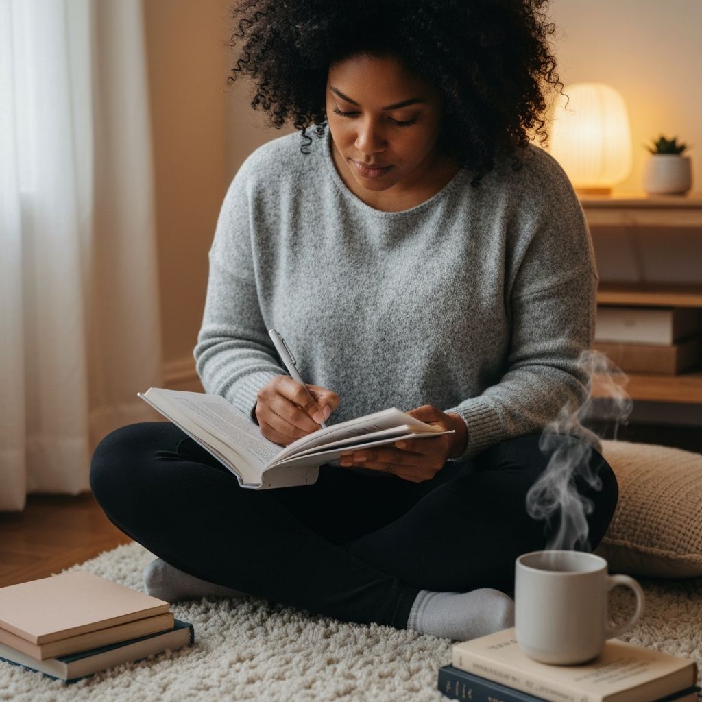 Person reading and taking notes peacefully in comfortable home setting