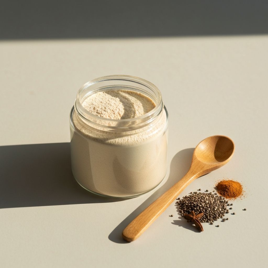 Balance blend powder with wooden spoon and natural herbs scattered around